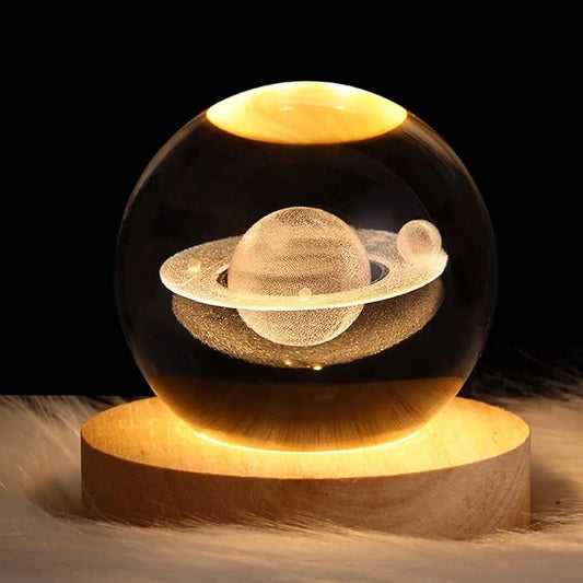 Lámpara de Cristal 3D Saturno con Base LED USB