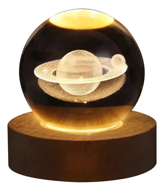 Lámpara de Cristal 3D Saturno con Base LED USB