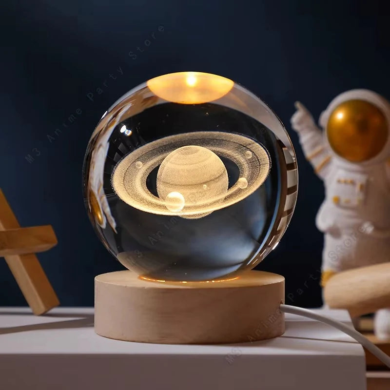 Lámpara de Cristal 3D Saturno con Base LED USB