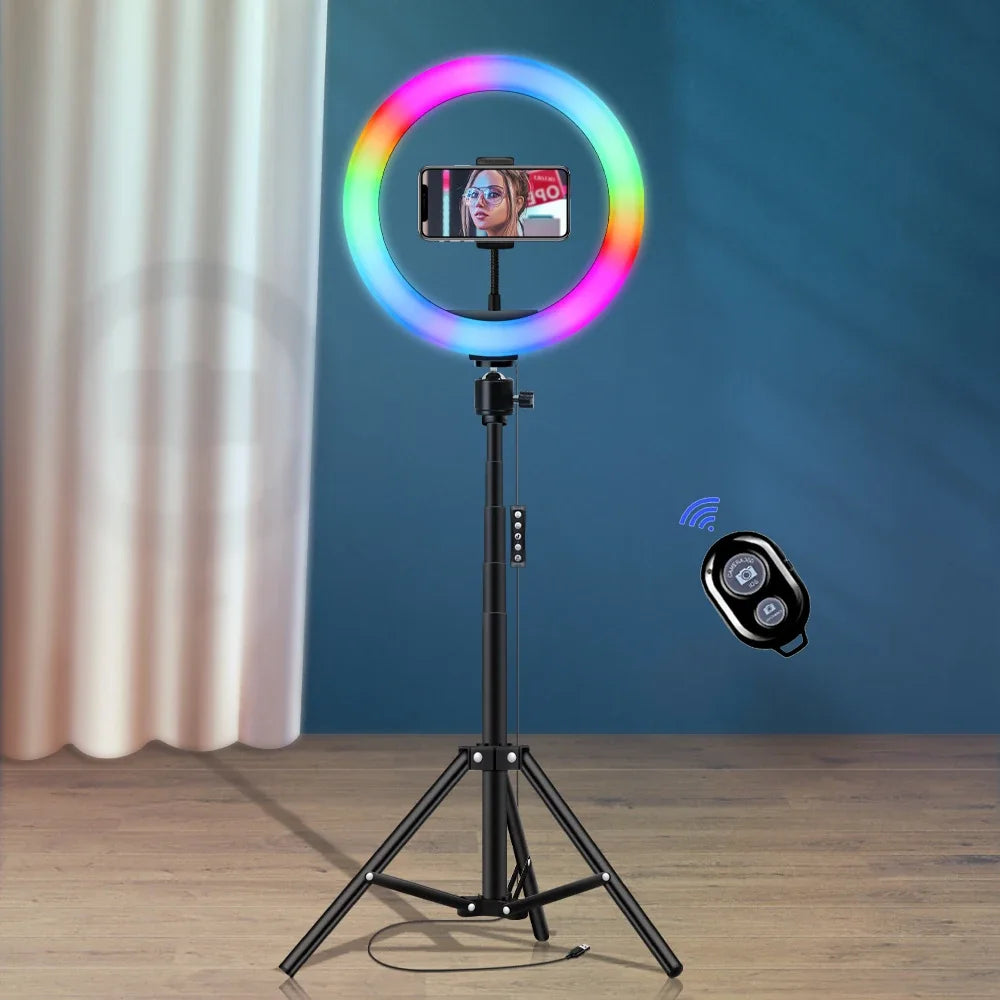 Kit de Luz LED RGB 10” con Trípode Ajustable y Soporte para Celular