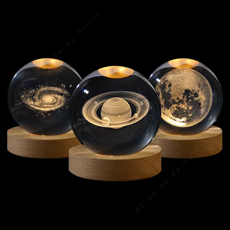 Lámpara de Cristal 3D Saturno con Base LED USB