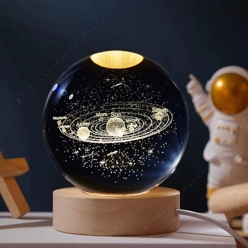 Lámpara de Cristal 3D Saturno con Base LED USB