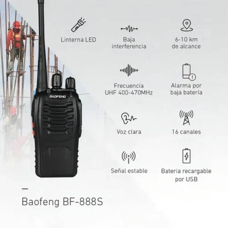 Kit x2 Radios Comunicadores UHF 16 Canales con Auriculares para Trabajo y Seguridad