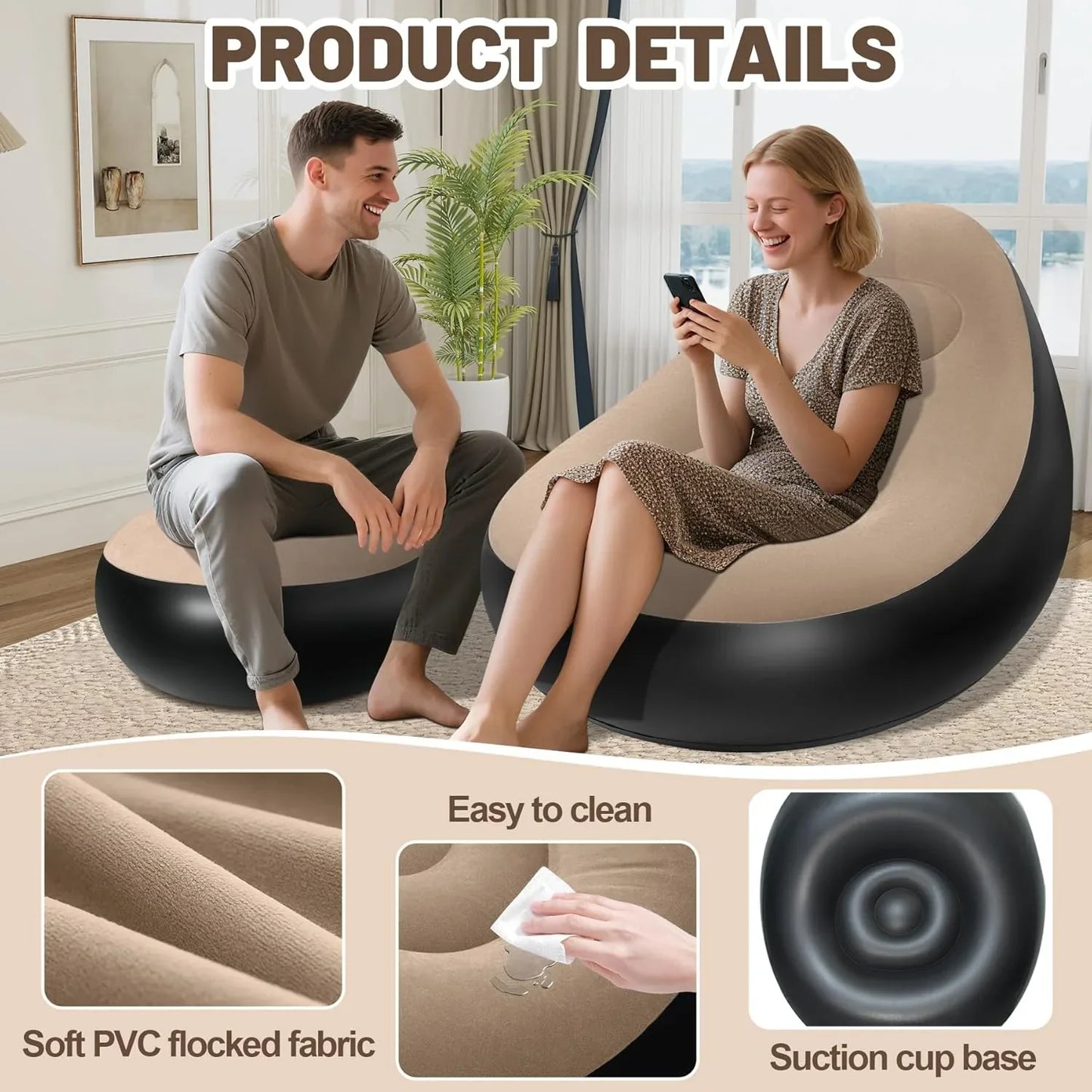Silla Puff Inflable con Reposapiés – Cómoda, Portátil y Fácil de Guardar