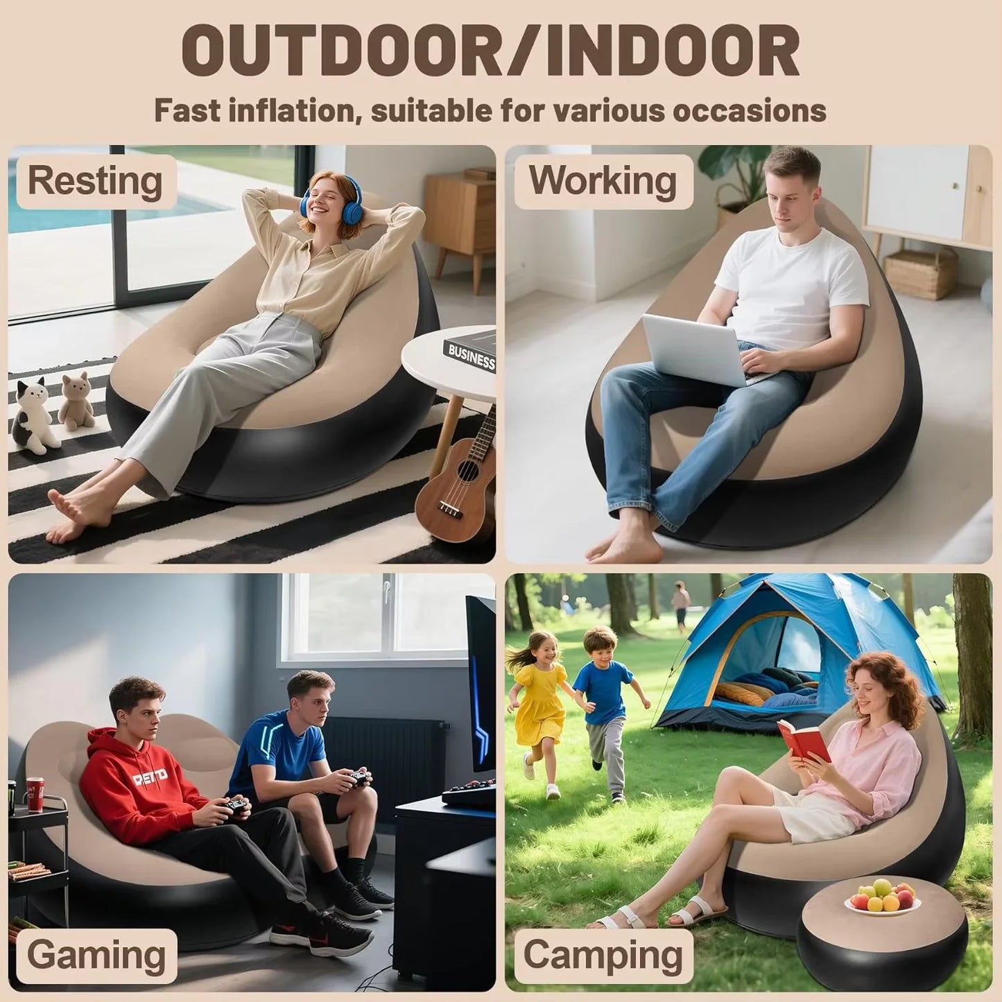 Silla Puff Inflable con Reposapiés – Cómoda, Portátil y Fácil de Guardar