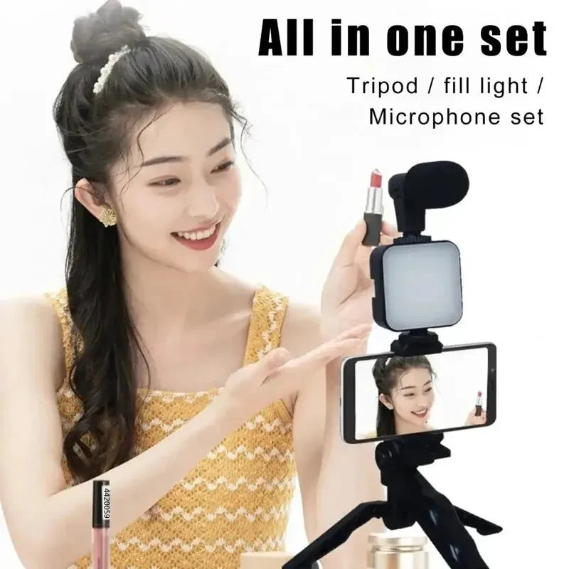 Kit Portátil de Vlogging con Luz LED, Micrófono y Trípode para Celular