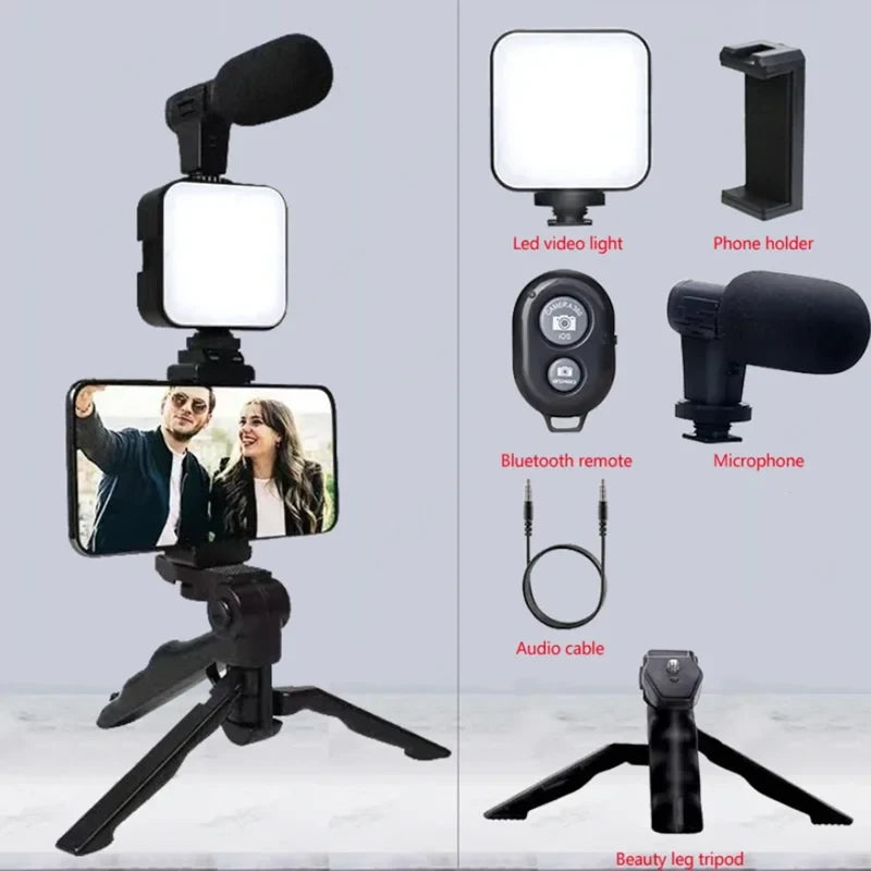 Kit Portátil de Vlogging con Luz LED, Micrófono y Trípode para Celular