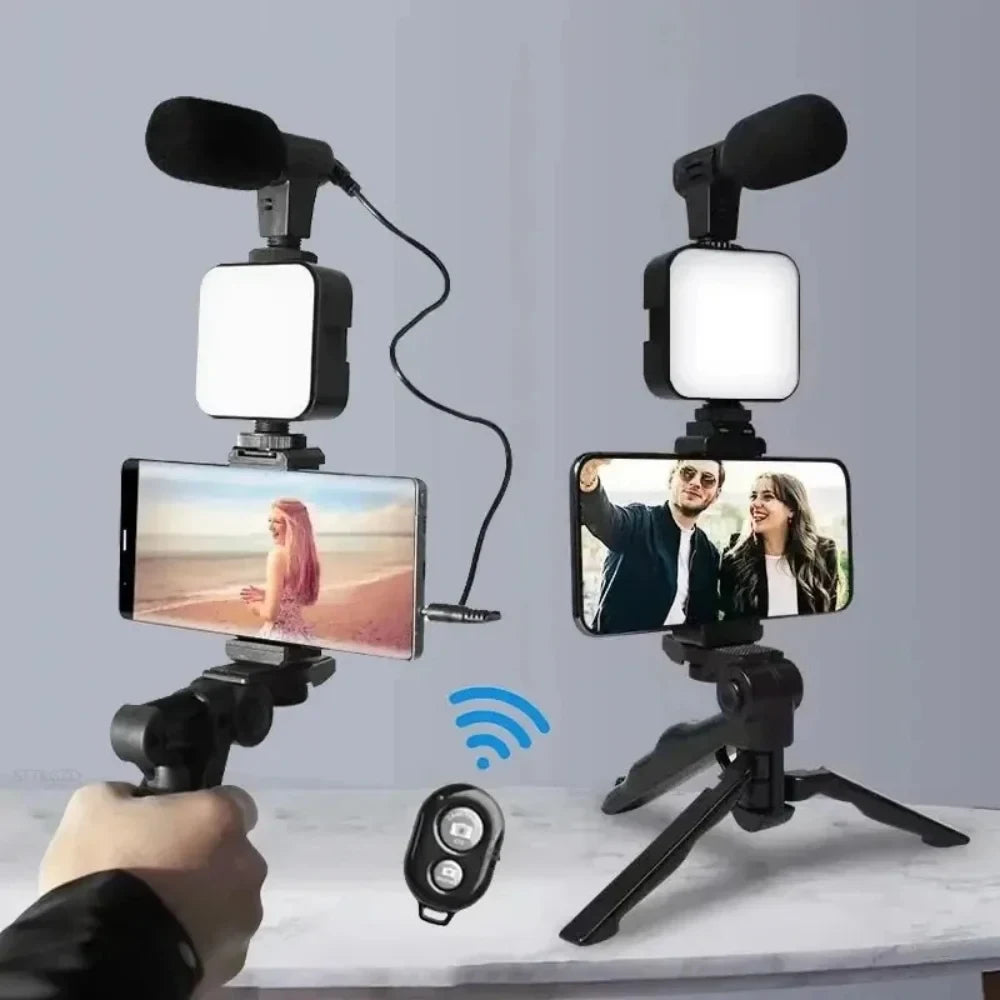 Kit Portátil de Vlogging con Luz LED, Micrófono y Trípode para Celular
