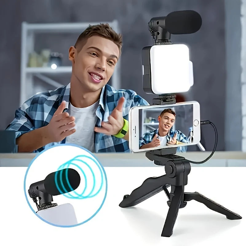 Kit Portátil de Vlogging con Luz LED, Micrófono y Trípode para Celular