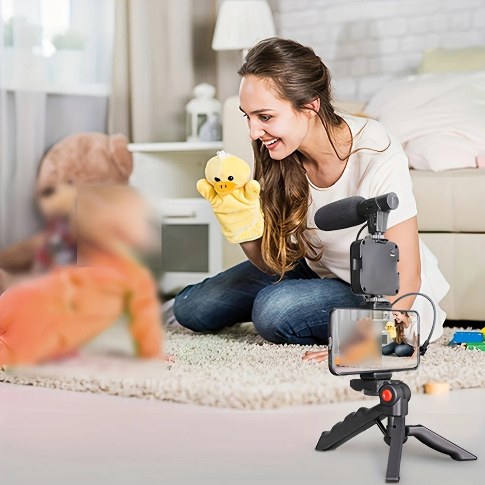 Kit Portátil de Vlogging con Luz LED, Micrófono y Trípode para Celular